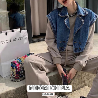 Áo khoác jean denim gile croptop màu xanh đậm thời trang nữ 2023