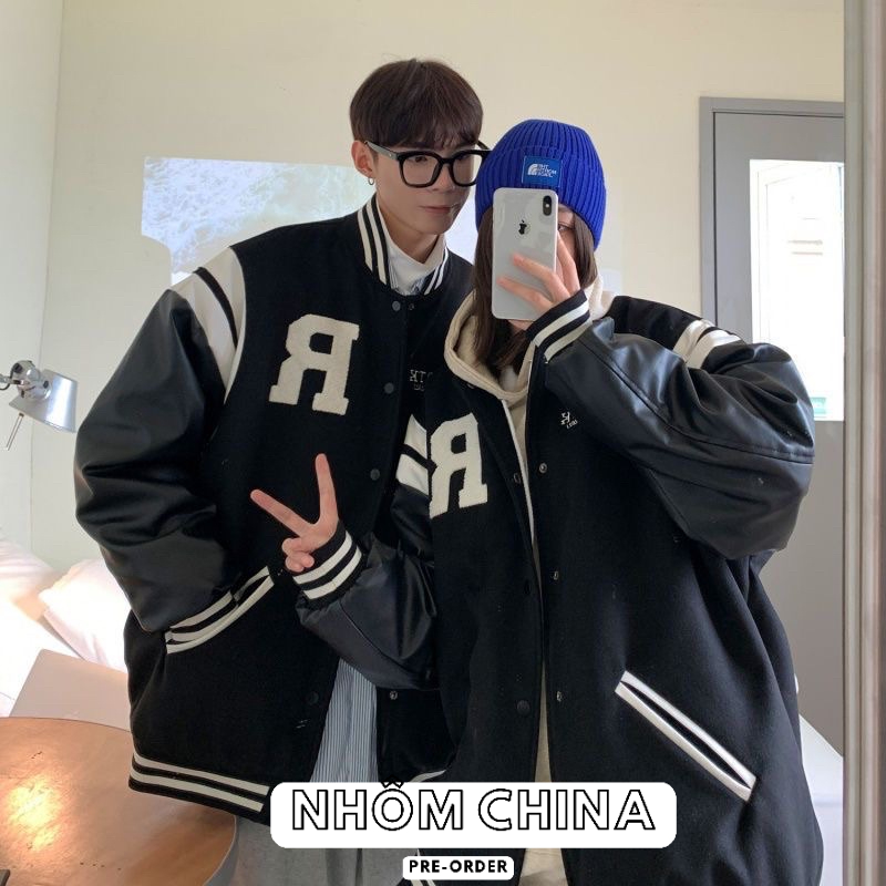 (Ảnh thật ở cuối )Áo Khoác Bombe Chữ R Phối Tay Da Form Unisex Thời Trang Nam Nữ , Áo Khoác Bóng Chày