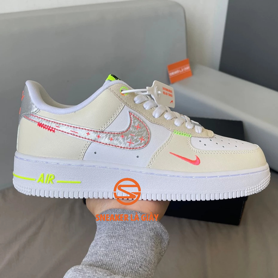 Giày Air Force 1 Low Just Do It White Tan Neon AF1 Just Stitch It FB1852-111 - BẢN CAO CẤP FULLBOX