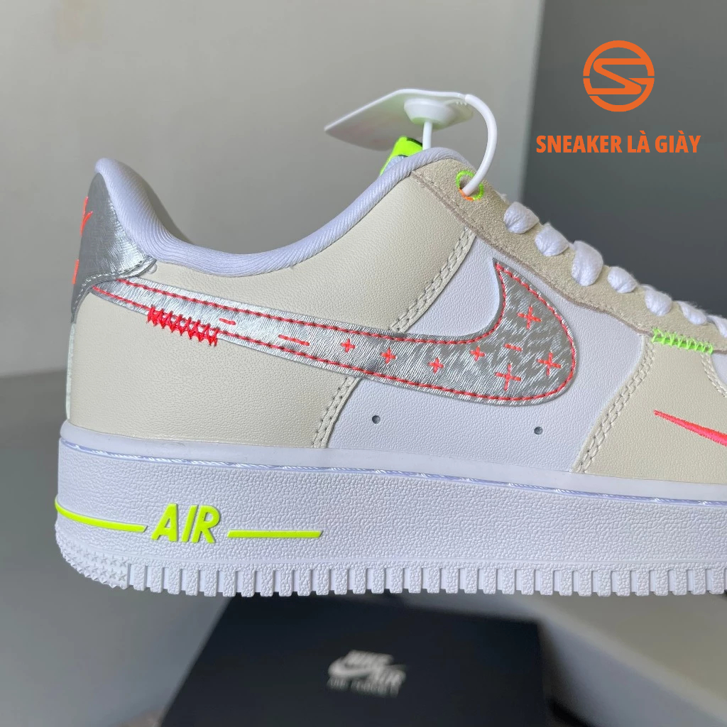 Giày Air Force 1 Low Just Do It White Tan Neon AF1 Just Stitch It FB1852-111 - BẢN CAO CẤP FULLBOX