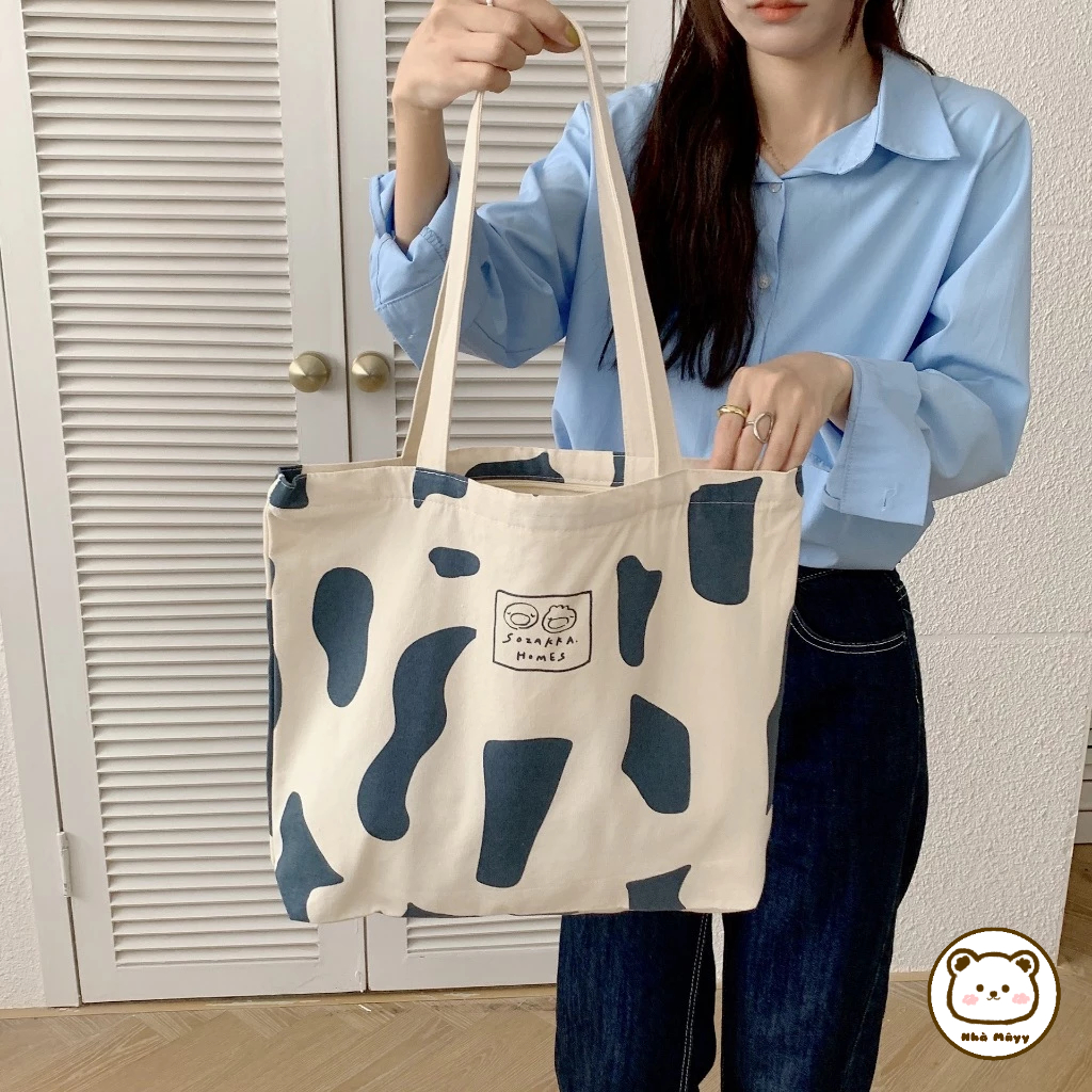 🐻Nhà Mâyy/ Túi Tote đeo vai vải Canvas cỡ lớn họa tiết bò sữa