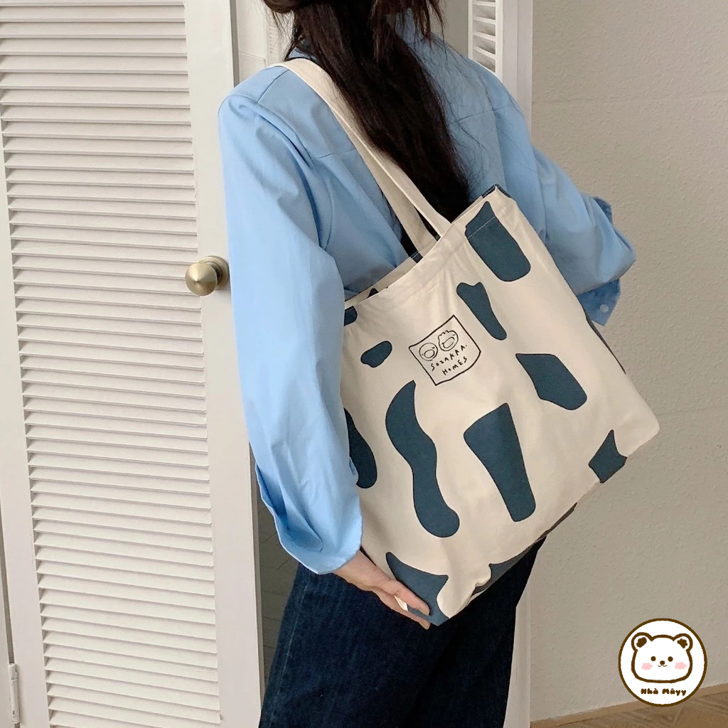 🐻Nhà Mâyy/ Túi Tote đeo vai vải Canvas cỡ lớn họa tiết bò sữa