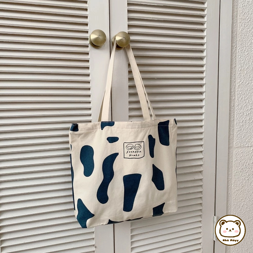 🐻Nhà Mâyy/ Túi Tote đeo vai vải Canvas cỡ lớn họa tiết bò sữa