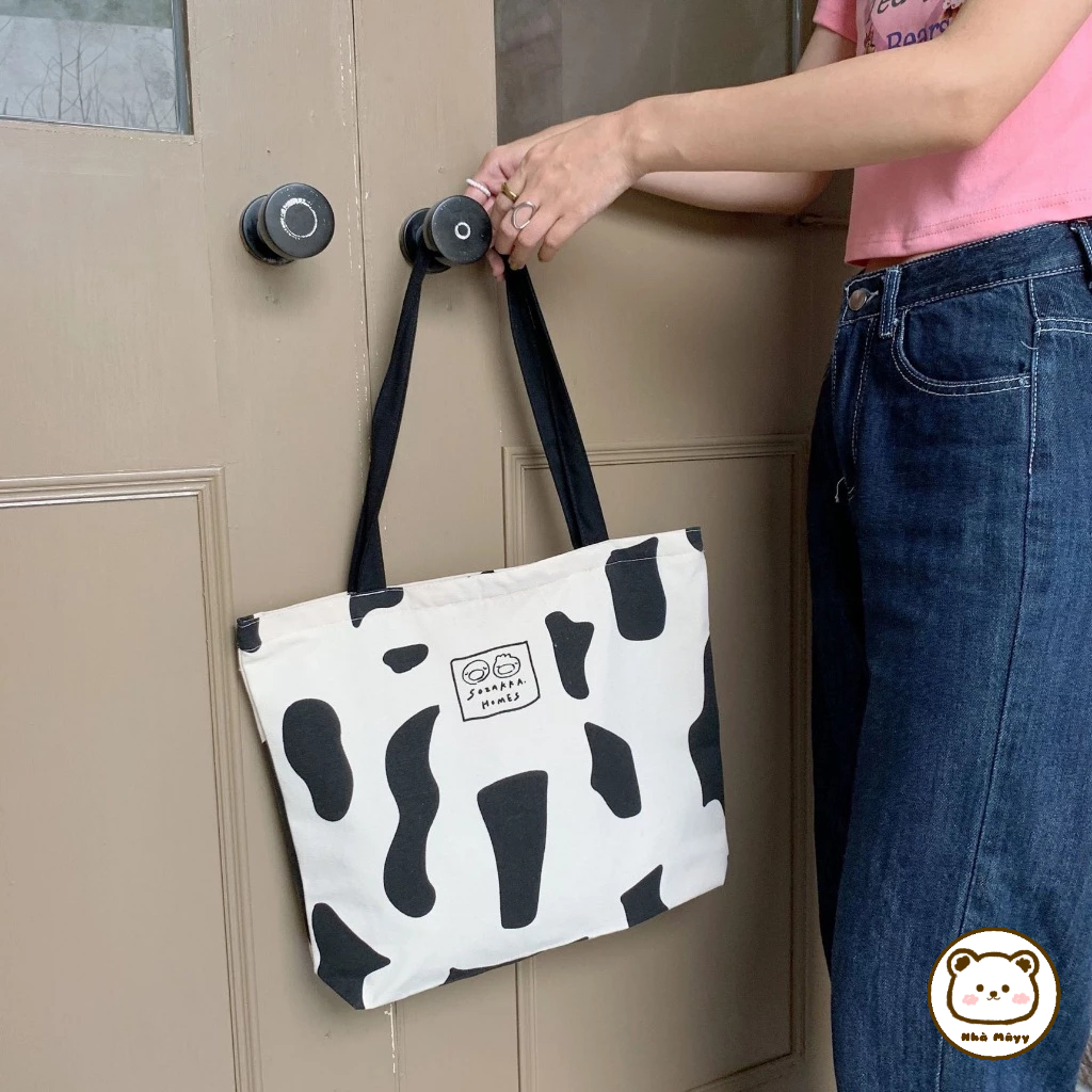 🐻Nhà Mâyy/ Túi Tote đeo vai vải Canvas cỡ lớn họa tiết bò sữa