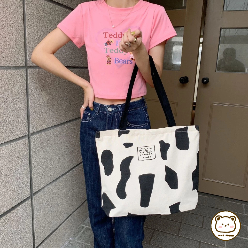 🐻Nhà Mâyy/ Túi Tote đeo vai vải Canvas cỡ lớn họa tiết bò sữa