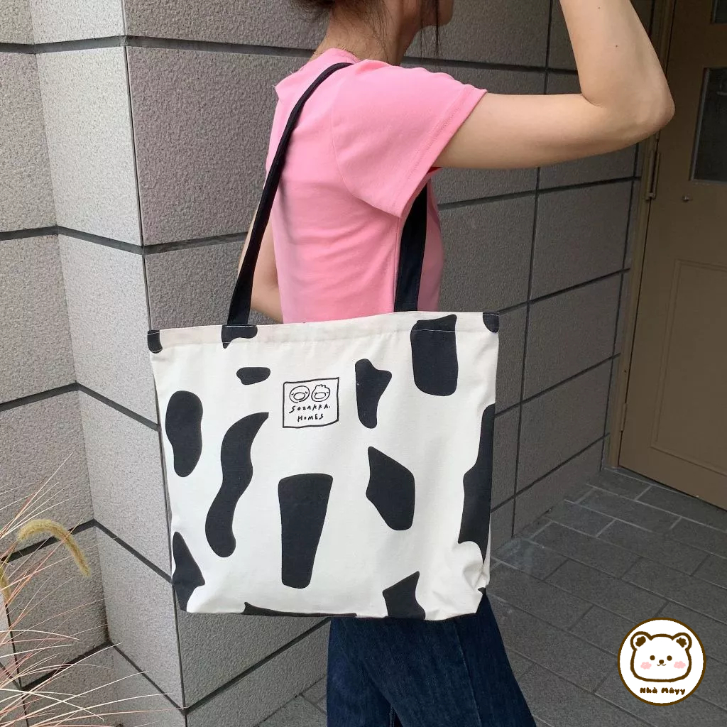 🐻Nhà Mâyy/ Túi Tote đeo vai vải Canvas cỡ lớn họa tiết bò sữa