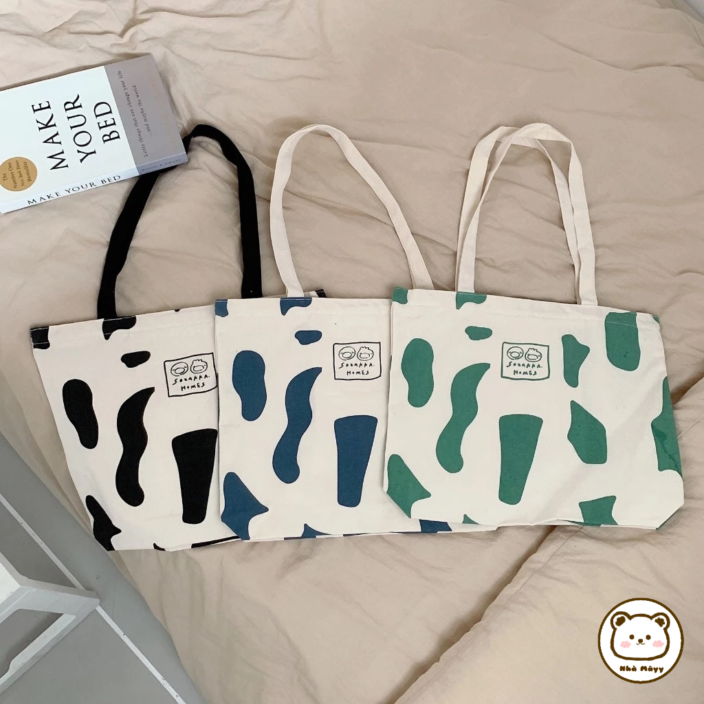 🐻Nhà Mâyy/ Túi Tote đeo vai vải Canvas cỡ lớn họa tiết bò sữa