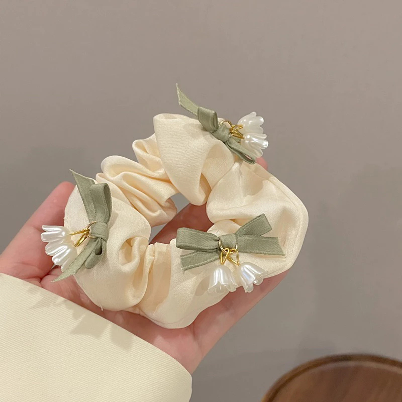 Scrunchies dây cột tóc hoa chuông đính nơ dành cho nữ