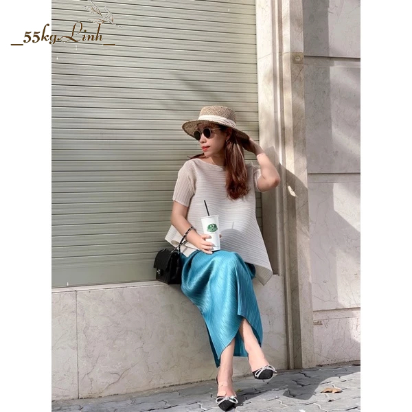 CHÂN VÁY THUN DẬP LY, Xếp Ly Midi Dáng Dài Xẻ Tà - 55Kg.Linh