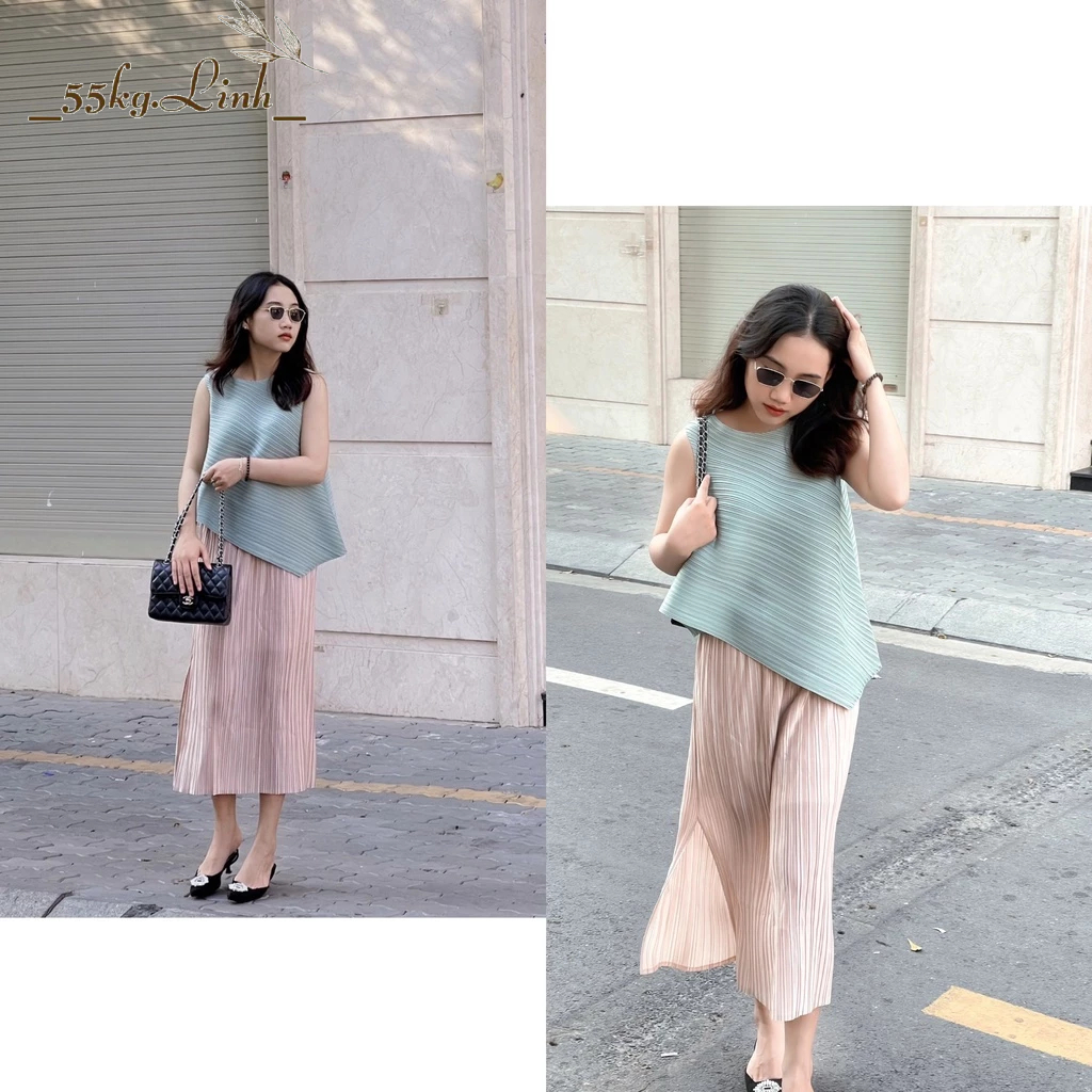 CHÂN VÁY THUN DẬP LY, Xếp Ly Midi Dáng Dài Xẻ Tà - 55Kg.Linh