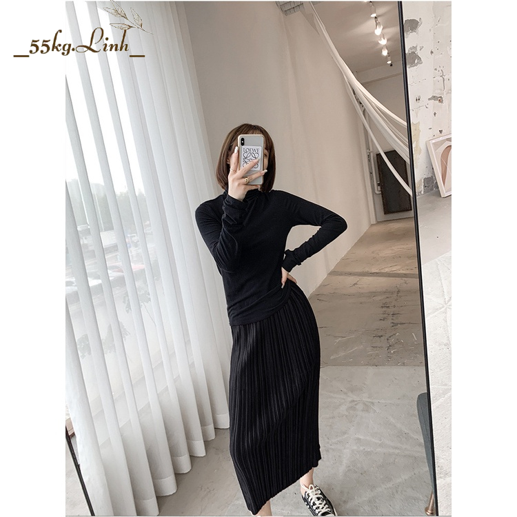 CHÂN VÁY THUN DẬP LY, Xếp Ly Midi Dáng Dài Xẻ Tà - 55Kg.Linh