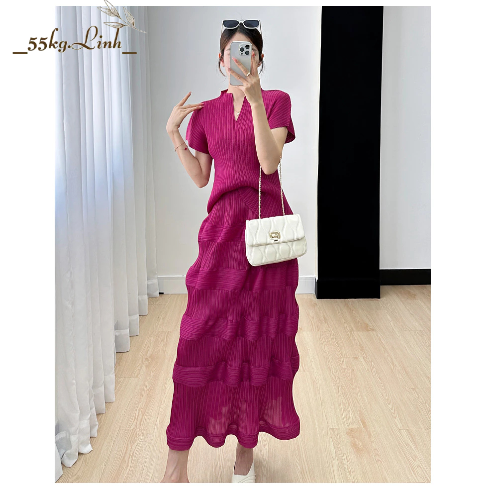 Set Áo Váy chất vải thun Lò xo cao cấp, Bộ Áo và Chân váy tôn dáng, tiện lợi, min mát co giãn nhiều - 55Kg.Linh