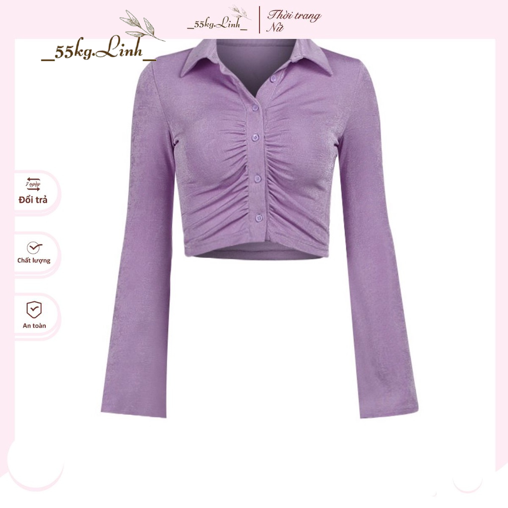SALE Áo sơ mi croptop tay loe xếp ly, Áo sơ mi kiểu (Xanh bơ - Tím - Đen) - 55Kg.Linh