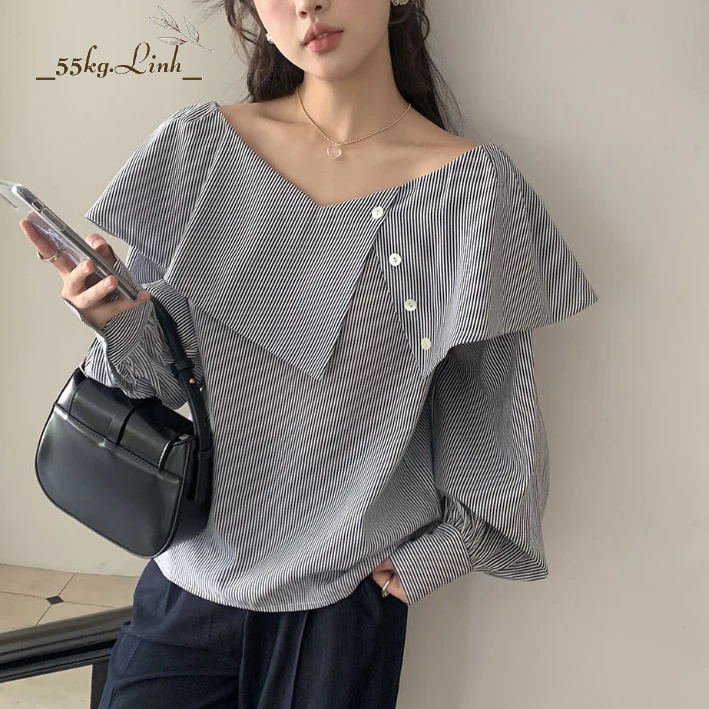 Áo sơ mi phối cổ lệch vai, có thể mặc 2 kiểu - 55Kg.Linh