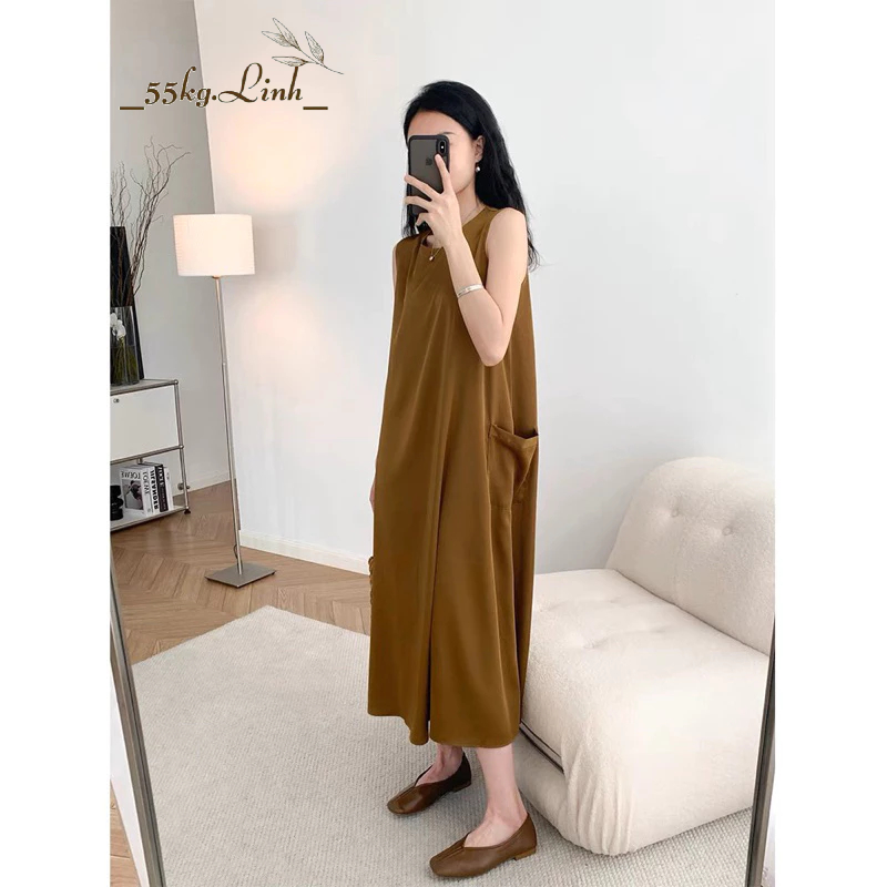 Đầm satin dáng dài suông, phong cách hàn quốc, phối túi 2 bên - 55Kg.Linh