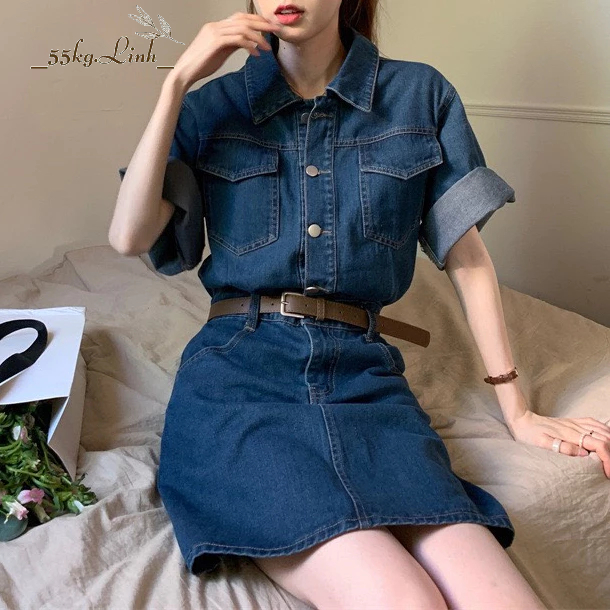 Đầm Jean cổ sơ mi, tay ngắn, form dáng chữ A dày dặn - kèm Belt xinh xắn - 55Kg.Linh
