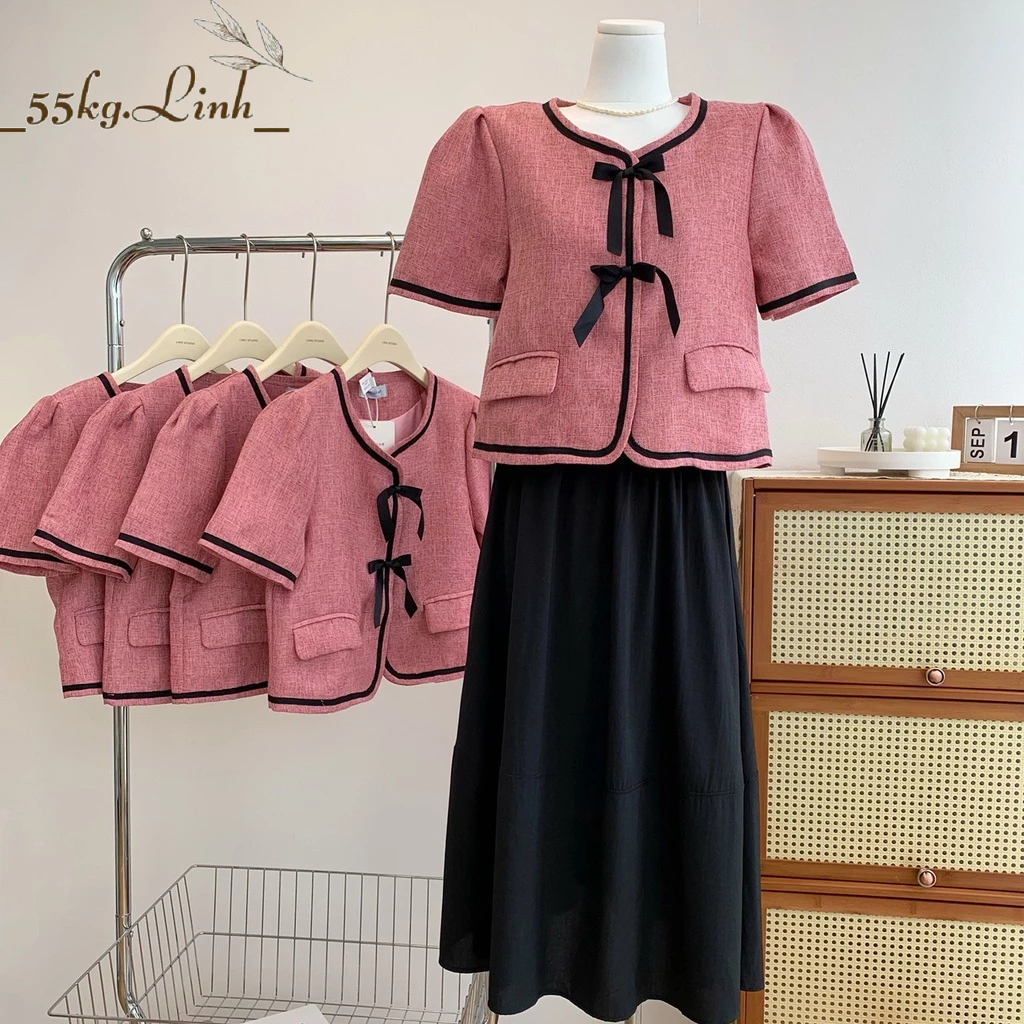 Áo Blazer chất Tweed cổ tròn đính nơ, mặc được hai kiểu dáng - 55Kg.Linh