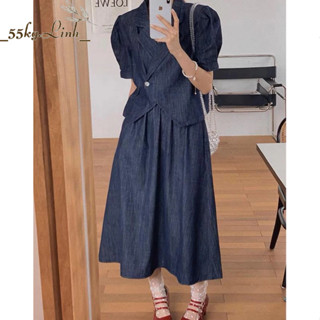 Set áo suông cổ sơ mi đắp chéo tay phồng che khuyết điểm và chân váy jean midi thanh lịch - 55Kg.Linh