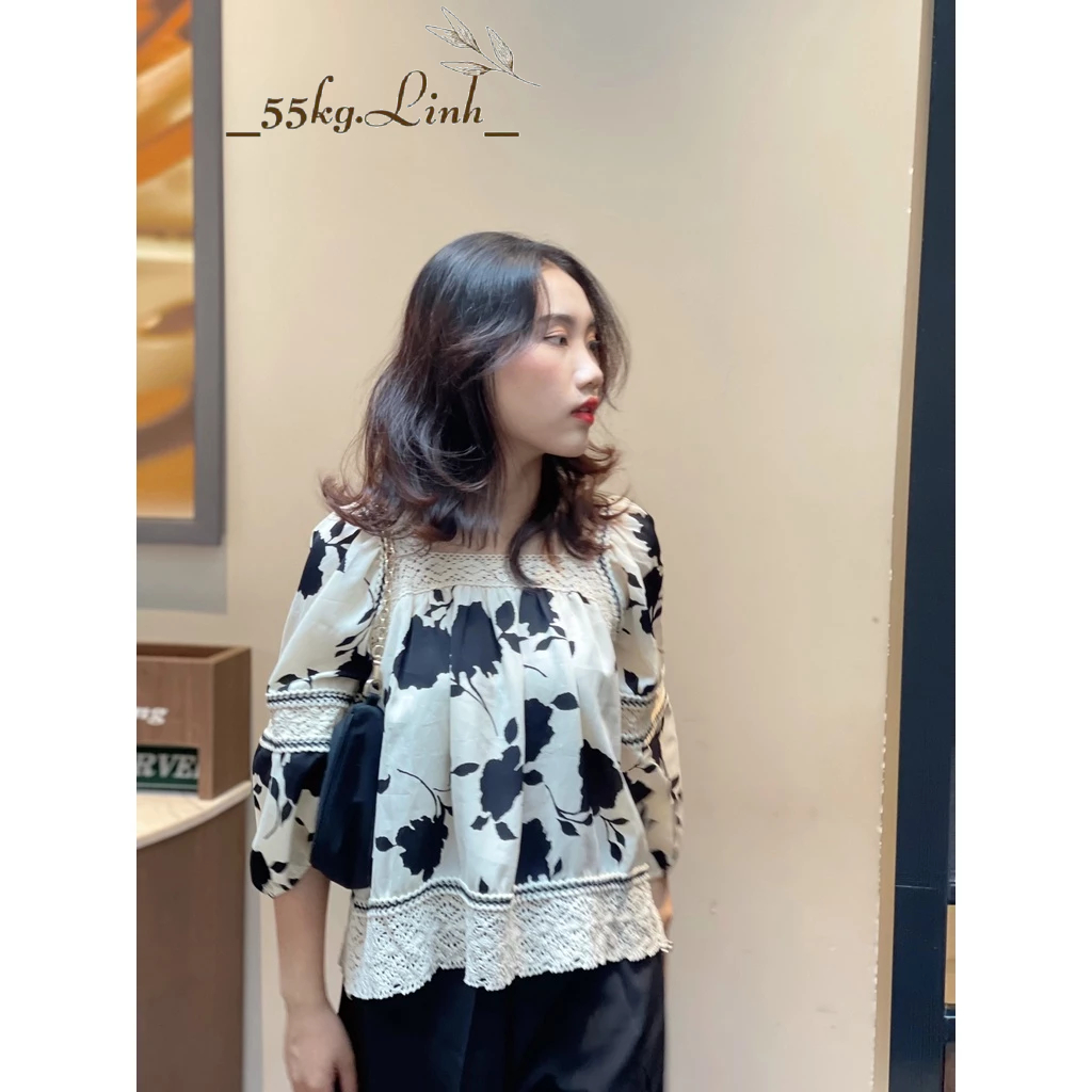 Áo sơ mi tay lỡ phối ren, chất lụa không nhăn cổ vuông xinh xắn - 55Kg.Linh