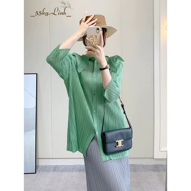 Áo lò xo tay lỡ với phần cổ áo cách điệu, Áo form dài cao cấp có hàng nút dọc thân freesize co giãn nhiểu - 55Kg.Linh
