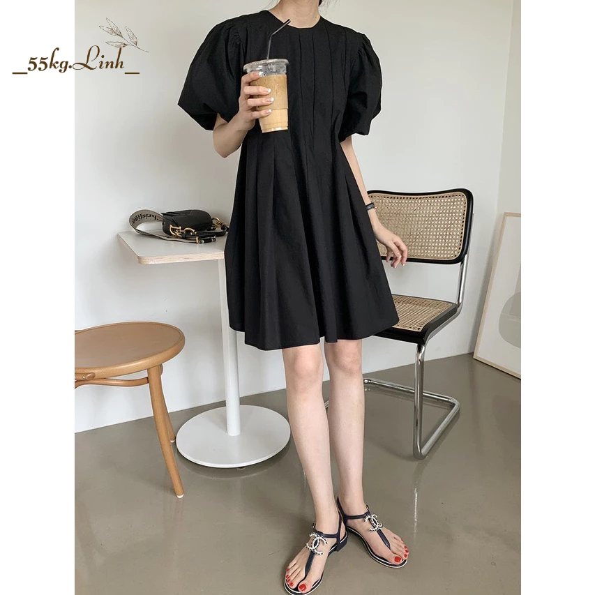 Đầm suông dáng dài dành cho nữ, thiết kế cổ tròn và tay ngắn thanh lịch, phong cách Hàn Quốc - 55Kg.Linh