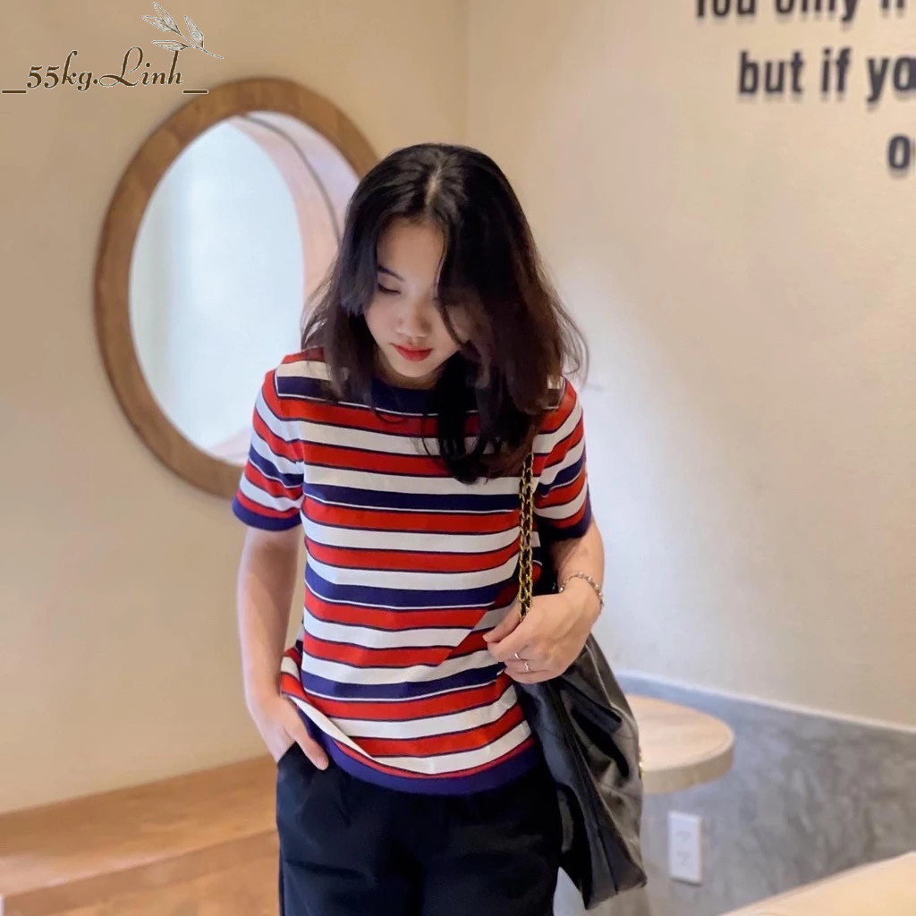 Áo thun tay ngắn, cổ tròn sọc ngang form đẹp, đủ size (45 - 63kg) - 55Kg.Linh