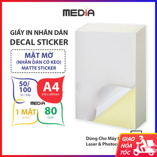 Giấy In Nhãn Dán Media Mặt Mờ (Matte) A4 (21x30) 80gsm 50/100 Tờ Giấy Decal Sticker Máy In Laser