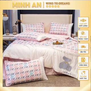 Bộ ga gối chăn hè phi lụa thêu gấu, sét chăn ga gối phi lụa 4 món vân cánh én thoáng mát nhập khẩu nguyên bộ