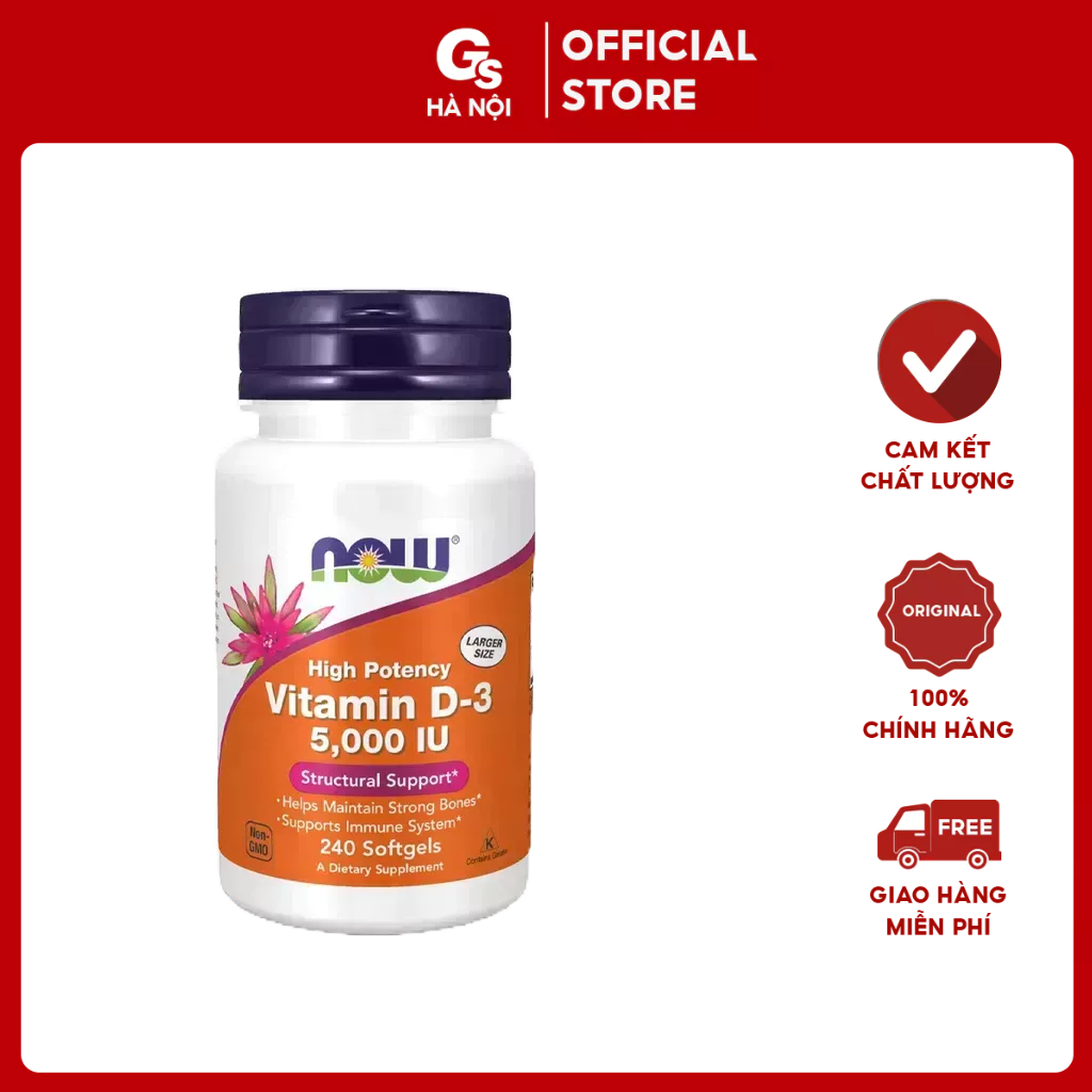 Viên uống Now Vitamin D3 5000iu (125mcg) nhập khẩu Mỹ - Gymstore tăng cường đề kháng hỗ trợ sức khỏe, cải thiện tim mạch