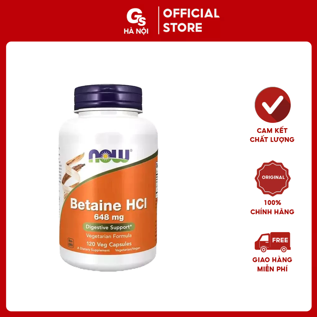 Viên uống NOW Betaine HCL 648 mg hỗ trợ tiêu hoá, tổng hợp Protein - CHÍNH HÃNG