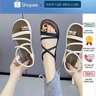 Xăng đan nữ dây mảnh đế bằng cao 4p dép sandal nữ đính mắt ngọc kẹp ngón xinh