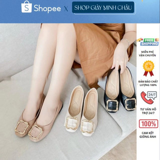 Giày nữ da mềm thời trang công sở mũi vuông tròn 2 màu đen kem 101