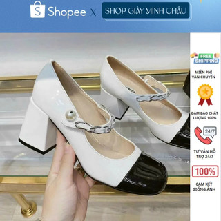Giày sục nữ da bóng đính ngọc quai ngang đế vuông 7p cực đẹp và sang chảnh
