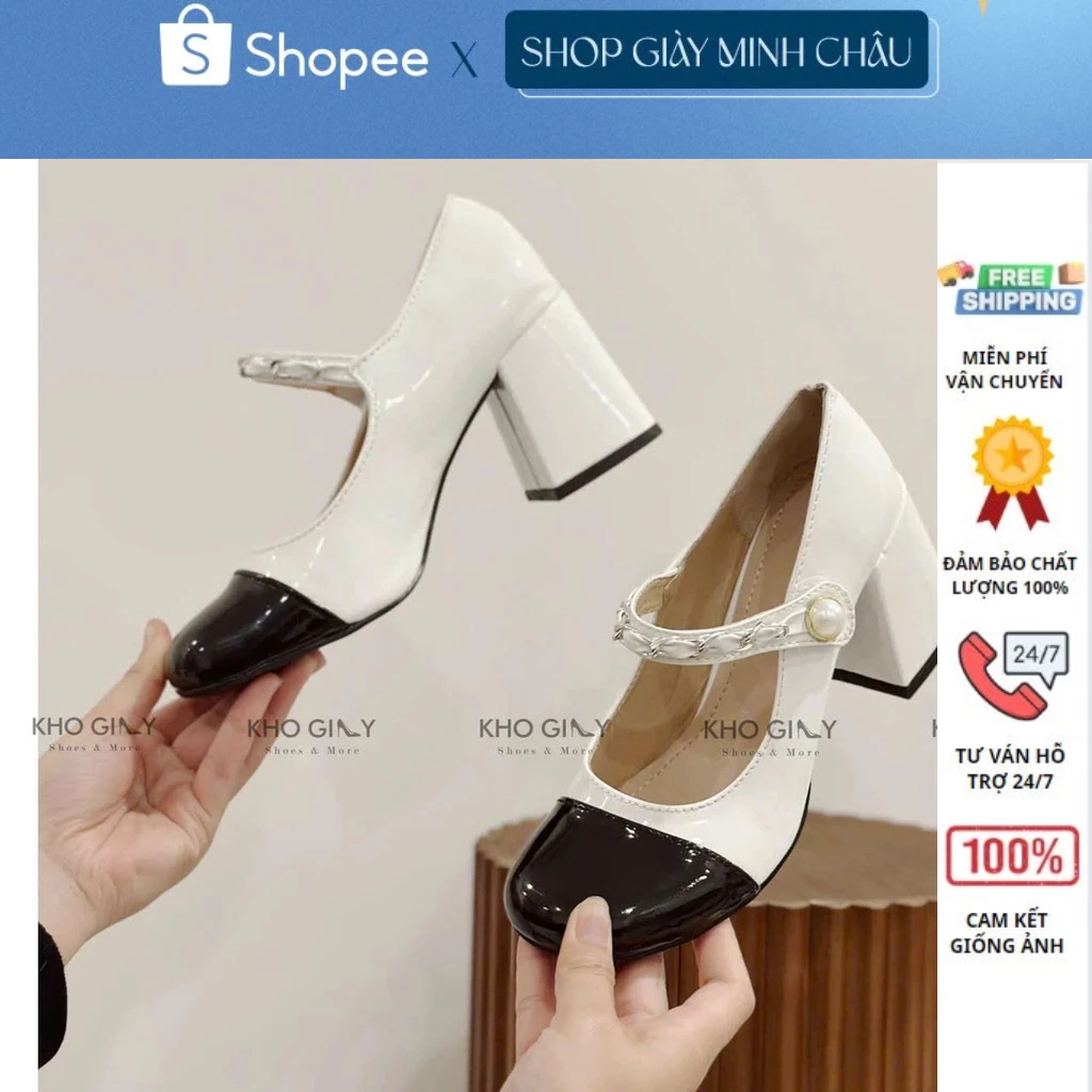 Siêu Đep Giày Sandal Quai Ngang Xích NGọc 7P Gót Vuông Da Bóng Cực Sang
