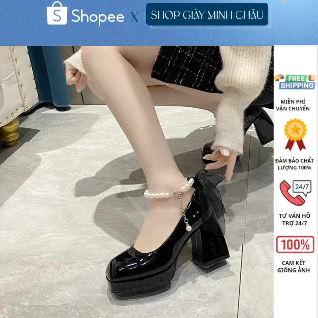 Giày Mary Jane cao gót nữ đúp mũi 10p đế dày , Giày nữ 10cm quai xích ngọc thắt nơ điệu đà