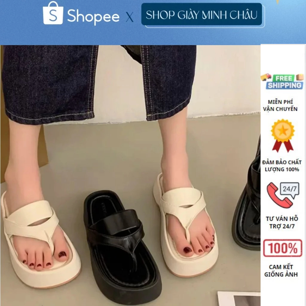 Form bé - Dép đế xuồng nữ 3cm 2 màu chất da, dép xỏ ngón nữ đế bằng bệt siêu xinh