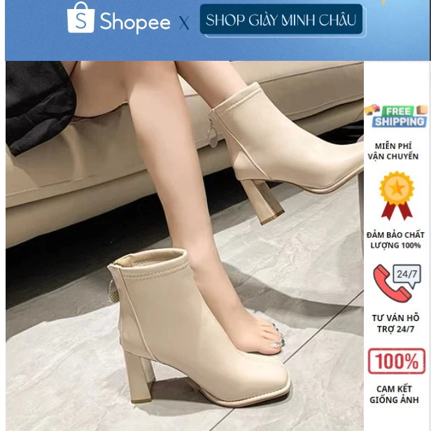 Bốt nữ cổ lửng khóa sau da lì lót lông gót vuông 9p Hàng QC loại 1 full box