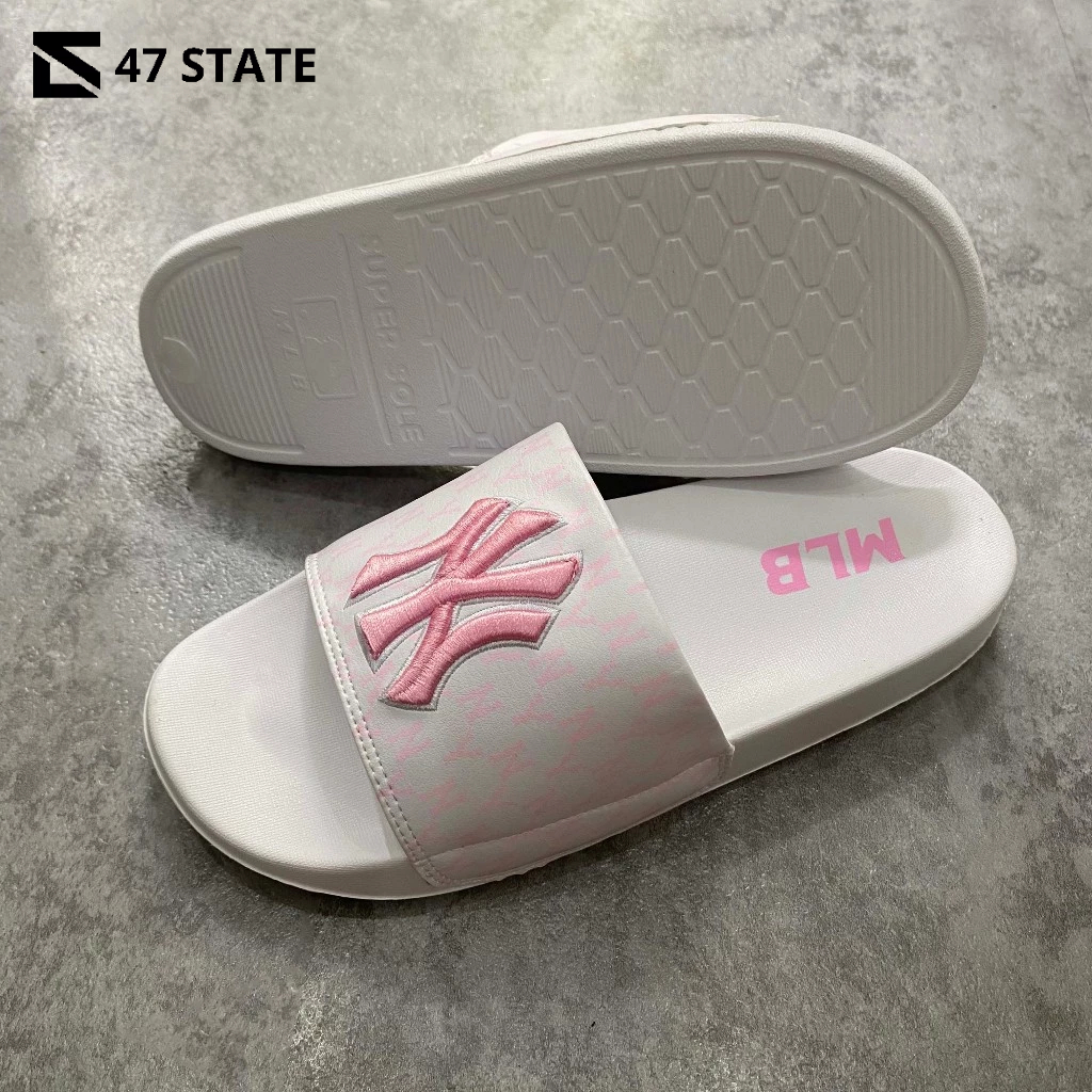 Dép MLB Quai Ngang New York Hồng- Hàng xịn Fullbox