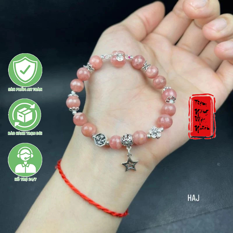 Vòng đá Đào Hoa mix cham bạc + túi đào hoa ☯ Hợp mệnh hoả, thổ ☯ Vòng Tay May Mắn ☯ Sức Khoẻ Tài Lộc Bình An
