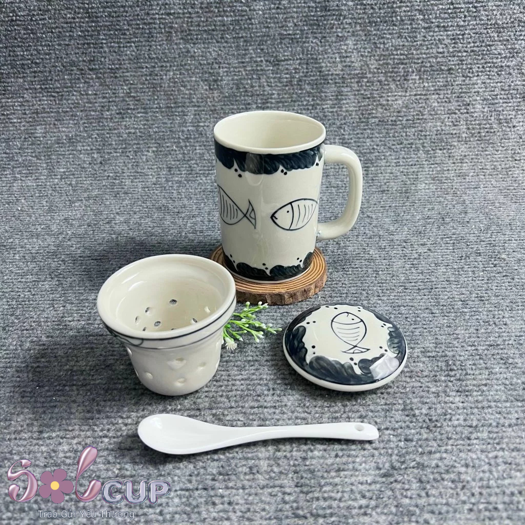 Cốc Lọc Trà, Cốc Uống Nước Gốm Sứ Bát Tràng, Men Bóng Đẹp, Vẽ Tay Thủ Công Cao Cấp Dung Tích 300ml Solcup