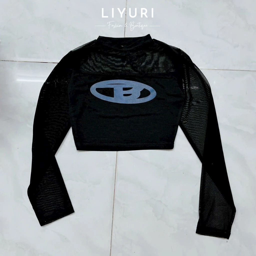 Áo thun croptop phối lưới tay dài