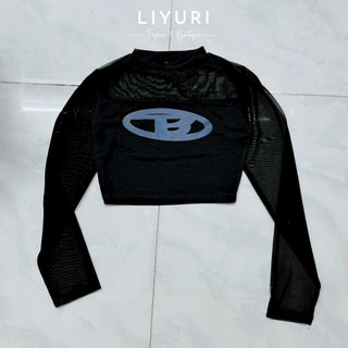 Áo thun croptop phối lưới tay dài