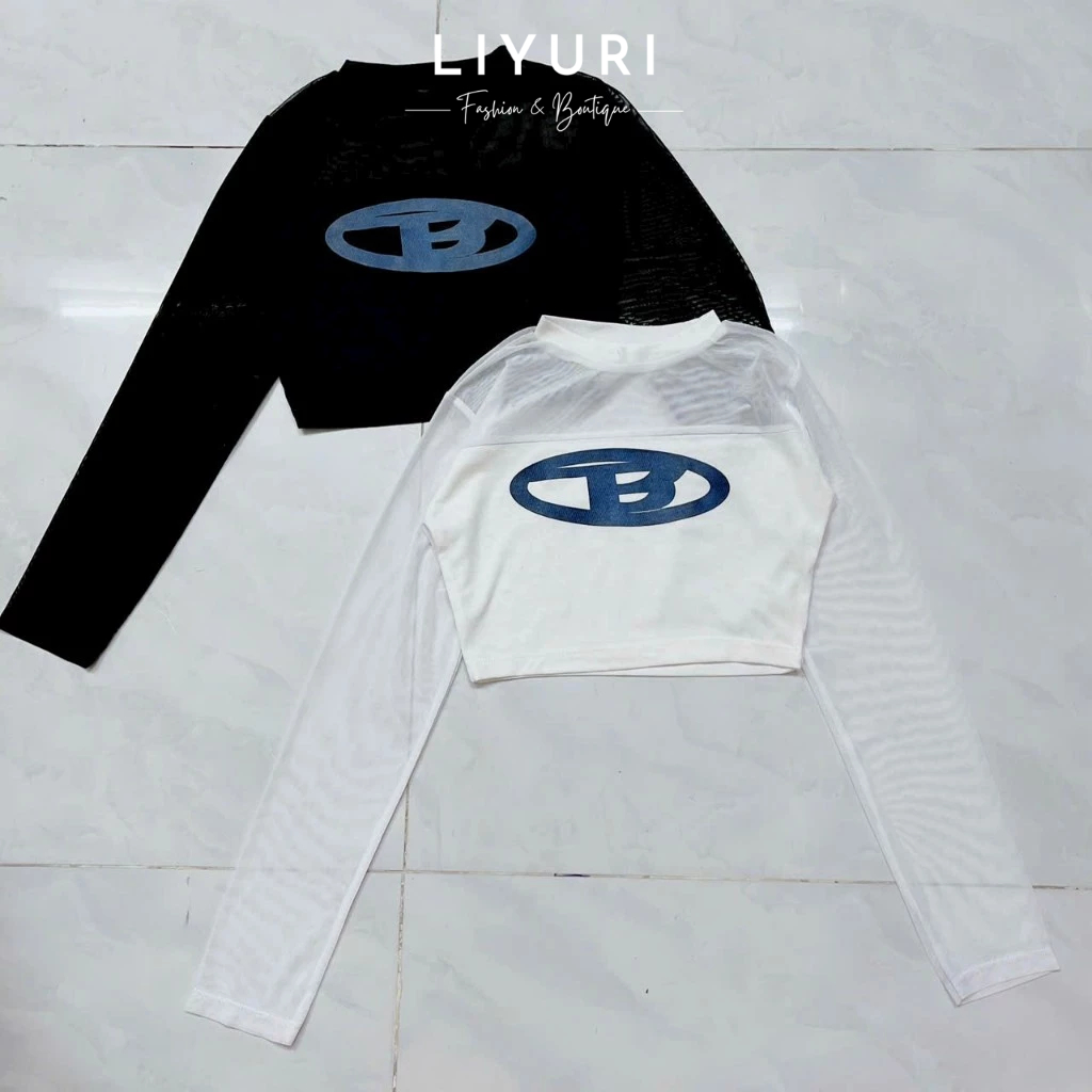 Áo thun croptop phối lưới tay dài
