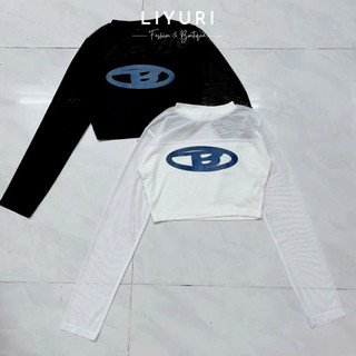 Áo thun croptop phối lưới tay dài