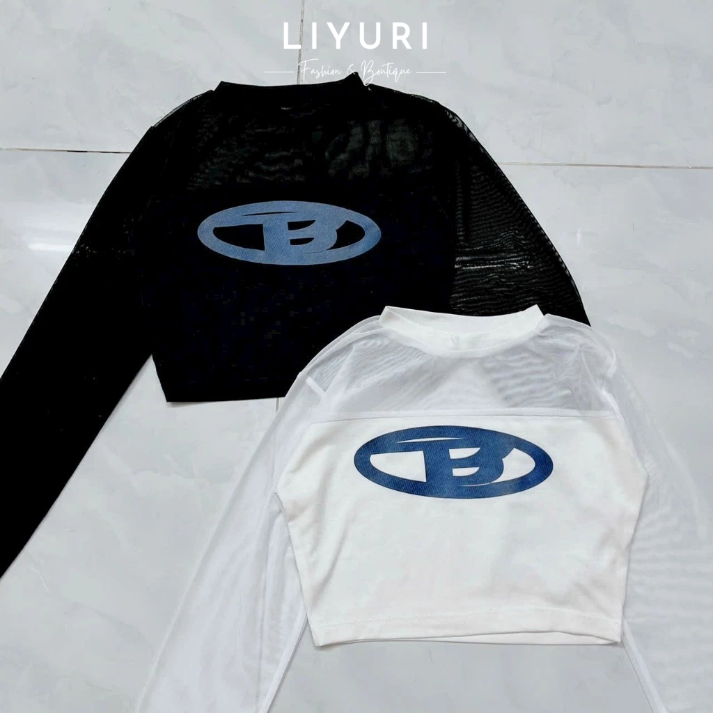 Áo thun croptop phối lưới tay dài