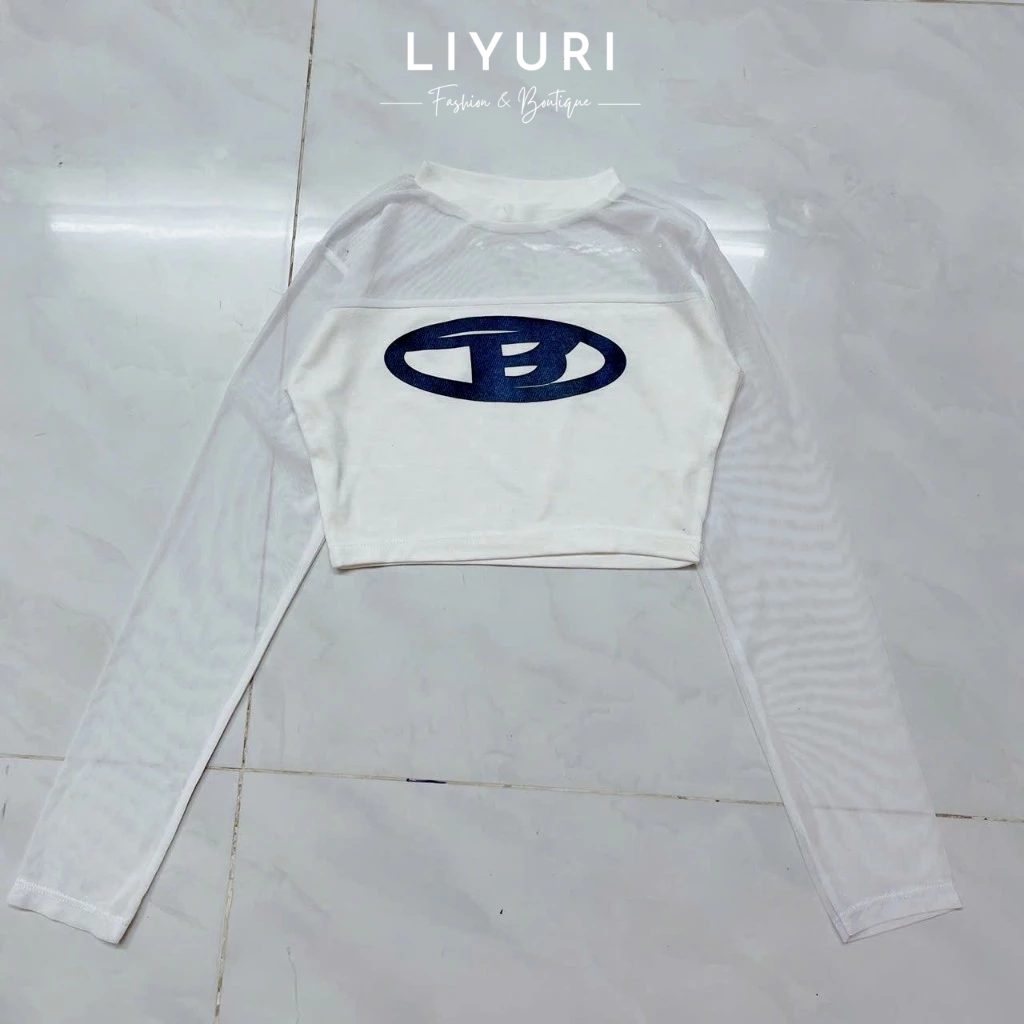 Áo thun croptop phối lưới tay dài