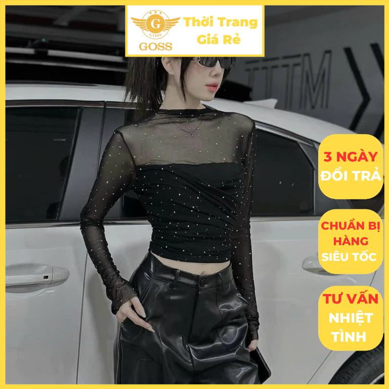 Áo Thun Nữ Freesize Ren Trên Cách Điệu Điểm Chấm Bi Cực Hot Trend GOSS GA618 Áo Phông Dài Tay Nữ Mùa Thu Đông Đi Chơi