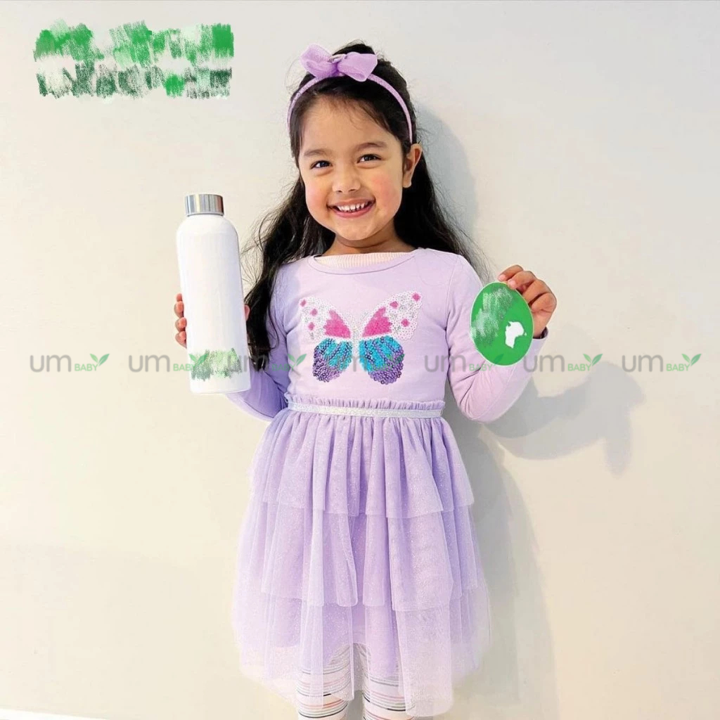 Đầm tutu cho bé gái 1-9 tuổi ANKO dài tay đính sequin màu tím lấp lánh váy đầm bé gái xuất dư đầm công chúa bé gái