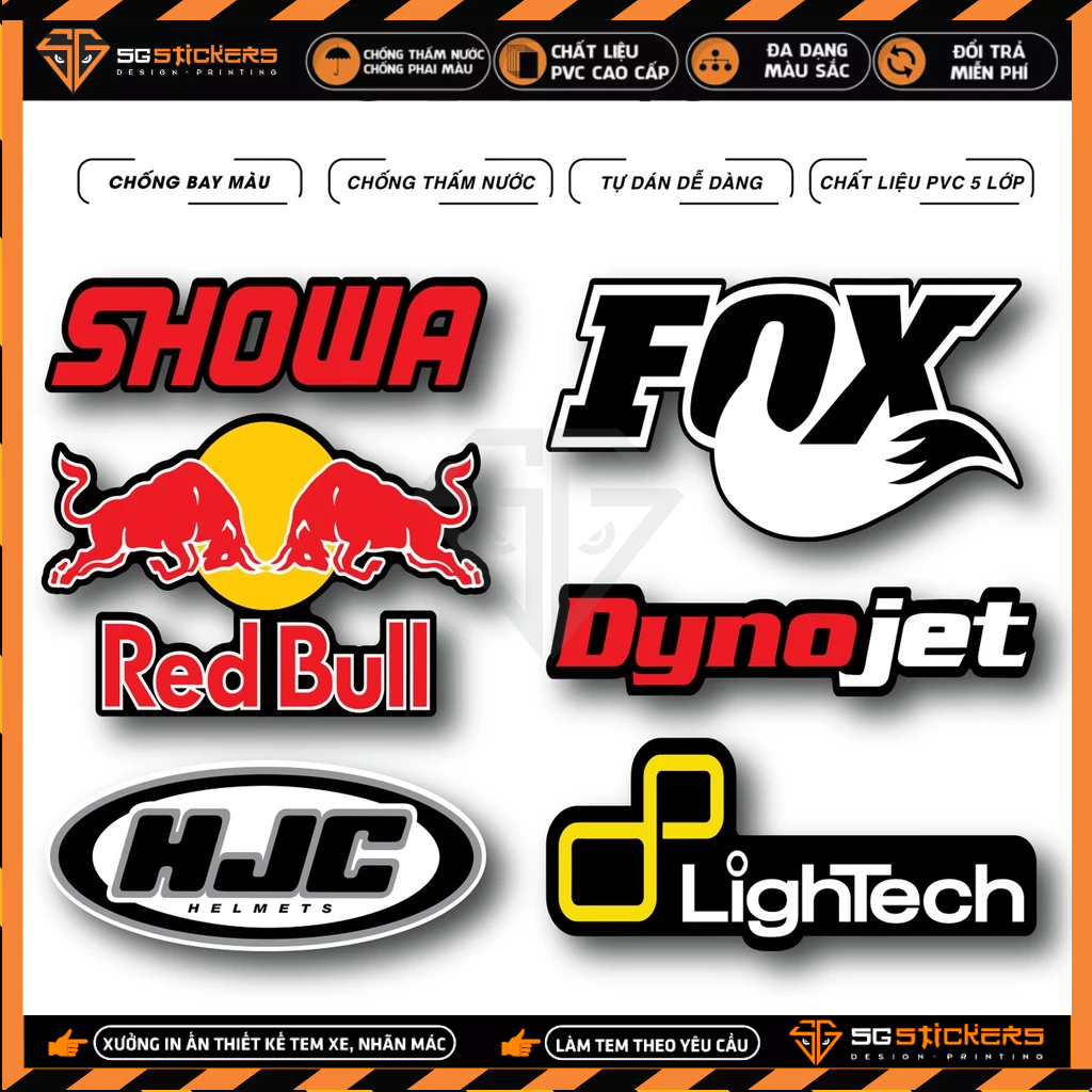 Sticker Chủ Đề Logo Redbull, Showa, Lightech | LG10 | Tem Dán Trang Trí Xe Máy, Xe Điện, Mũ Bảo Hiểm, Laptop, Điện Thoại
