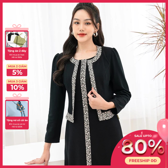 Set Áo Vest Nữ Dáng Lửng Phối Nẹp + Đầm Nữ Cổ Tròn L65D22T007 L63F22T017 (BÁN RỜI, ÁO KHÔNG KÈM ĐẦM)